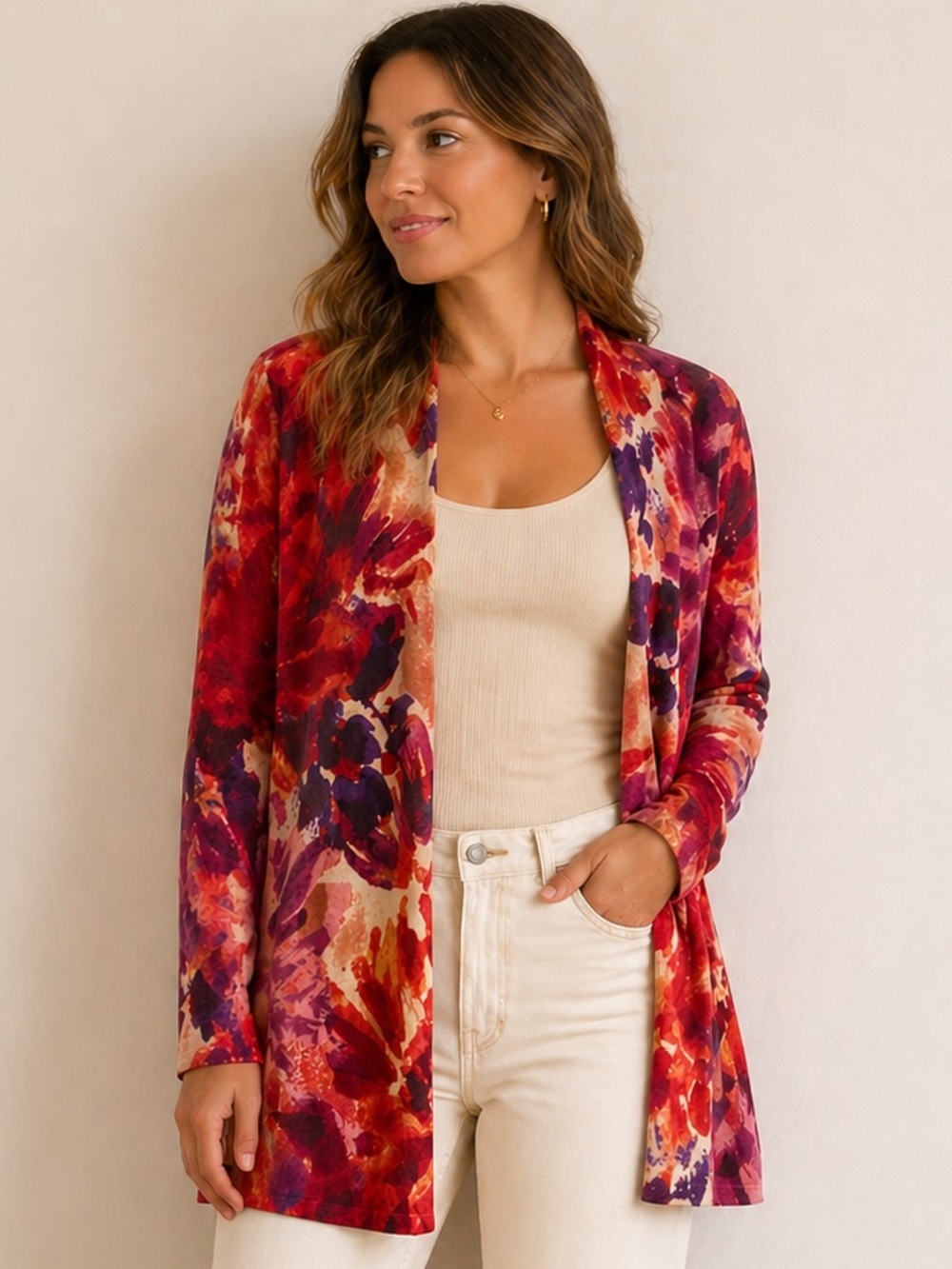 Chico’s Floral Boho Cardigan Open Front Cashmere Soft Wool Blend Size 1 Medium